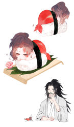 Rule 34 | 2boys, amore1989, arm support, bad id, bad pixiv id, black hair, blush, brown hair, chibi, cup, drinking, earrings, facial mark, fish (food), flower, flying sweatdrops, food, hand up, haori, holding, holding cup, japanese clothes, jewelry, kimetsu no yaiba, long hair, long sleeves, looking back, lying, male focus, merman, mini person, miniboy, monster boy, monsterification, multiple boys, multiple views, nude, on food, on stomach, pink flower, ponytail, restrained, sashimi, simple background, tail, tail wagging, tsugikuni michikatsu, tsugikuni yoriichi, water, white background, wide sleeves, yunomi