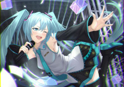 Rule 34 | 1girl, ;d, absurdres, apple t (ringotyasan), bad id, bad pixiv id, black footwear, black skirt, black sleeves, blue eyes, blue hair, blue nails, blue necktie, boots, chromatic aberration, collared shirt, detached sleeves, grey shirt, hair between eyes, hatsune miku, highres, holding, holding microphone, jumping, long hair, long sleeves, microphone, miniskirt, music, nail polish, necktie, one eye closed, open mouth, outstretched arm, outstretched hand, pleated skirt, shirt, singing, skirt, sleeveless, sleeveless shirt, smile, solo, thigh boots, thighhighs, twintails, very long hair, vocaloid, wing collar, zettai ryouiki