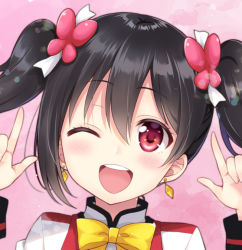 Rule 34 | 1girl, artist name, artist request, black hair, blush, bow, butterfly hair ornament, earrings, female focus, hair bow, hair ornament, jewelry, looking at viewer, love live!, love live! school idol project, nico nico nii, one eye closed, parted lips, red eyes, sakurai makoto (custom size), short hair, smile, solo, sunny day song, twintails, yazawa nico, yellow neckwear