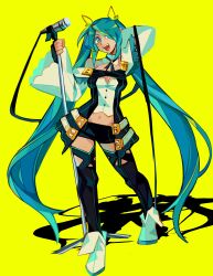 1girl absurdres bare_shoulders belt black_thighhighs blue_eyes blue_hair borcheim commentary cosplay dizzy_(guilty_gear) dizzy_(guilty_gear)_(cosplay) english_commentary full_body guilty_gear guilty_gear_xrd hair_ribbon hair_rings hatsune_miku highres long_hair looking_at_viewer microphone midriff miku_day open_mouth red_eyes ribbon shadow short_shorts shorts smile solo tail tail_ornament tail_ribbon thighhighs vocaloid wide_sleeves yellow_ribbon