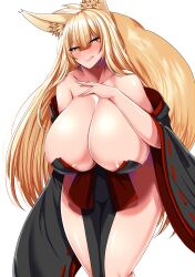 Rule 34 | 1girl, absurdres, animal ear fluff, animal ears, ar (lover boy), blonde hair, breasts, cleavage, collarbone, commentary request, fox ears, fox girl, fox tail, highres, huge breasts, japanese clothes, licking lips, looking at viewer, original, simple background, tail, tongue, tongue out, yellow eyes