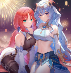 Rule 34 | 2girls, absurdres, artist name, bare shoulders, blue hair, blush, breasts, brooch, commentary request, cosplay, costume switch, cowboy shot, crop top, detached sleeves, ganyu (genshin impact), ganyu (genshin impact) (cosplay), genshin impact, green eyes, hair between eyes, highres, horns, jewelry, large breasts, lightria, long hair, long sleeves, looking at viewer, midriff, multiple girls, navel, nilou (genshin impact), nilou (genshin impact) (cosplay), purple eyes, red hair, signature, stomach, thighs, veil
