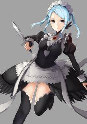 Rule 34 | 1girl, black thighhighs, blue eyes, blue hair, closed mouth, fire emblem, fire emblem fates, flora (fire emblem), gem, grey background, hako momiji, highres, holding, holding knife, juliet sleeves, knife, leg up, long sleeves, maid, maid headdress, nintendo, puffy sleeves, simple background, smile, solo, thighhighs, twintails, zettai ryouiki