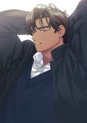 Rule 34 | 1boy, arms behind head, arms up, brown hair, collared shirt, highres, jacket, looking at viewer, male focus, open clothes, open jacket, original, shirt, short hair, solo, sweater, takayakaiti (tk049ccn), thick eyebrows, upper body, white background