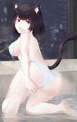 Rule 34 | 1girl, absurdres, animal ears, ass, azur lane, bare arms, bare legs, bare shoulders, black hair, bra, breasts, cat ears, cat tail, city, city lights, fang, from behind, ha ru no 0620, highres, in water, large breasts, looking at viewer, open bra, open mouth, panties, red eyes, short hair, solo, tail, underwear, water, white panties, yamashiro (azur lane)