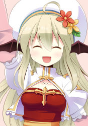 Rule 34 | 1girl, ^ ^, ahoge, alternate color, arch bishop (ragnarok online), arm up, bad id, bad pixiv id, blonde hair, blush, cleavage cutout, closed eyes, clothing cutout, collarbone, doridori, flower, hat, hat flower, head wings, open mouth, ragnarok online, solo, waving, wings