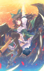 Rule 34 | 1girl, arm cannon, arm up, armor, black hair, black thighhighs, bow, cape, female focus, greaves, hair bow, long hair, looking at viewer, north abyssor, red eyes, reiuji utsuho, single greave, smile, solo, thighhighs, touhou, weapon, wings