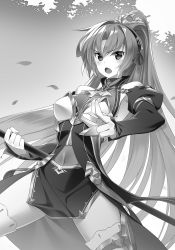 Rule 34 | 1girl, :o, armor, black sleeves, blush, breastplate, breasts, breasts apart, covered navel, cowboy shot, detached sleeves, floating hair, greyscale, high ponytail, highres, holding, holding polearm, holding weapon, long hair, long sleeves, looking at viewer, ludmila lourie, madan no ou to michelia, madan no ou to vanadis, medium breasts, miniskirt, miyatsuki itsuka, monochrome, novel illustration, official art, outdoors, polearm, side slit, skirt, solo, stance, standing, thighhighs, v-shaped eyebrows, very long hair, weapon, zettai ryouiki
