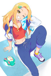 Rule 34 | 1girl, abs, arm support, blonde hair, blue jacket, blue pants, chimumu, chimumu (hamster), cropped jacket, cropped shirt, foot out of frame, from above, grin, hair ornament, hamster, hand up, highres, holding, holding towel, jacket, knee up, long hair, long sleeves, looking at viewer, midriff, moudoku (decopon3rd), one eye closed, open clothes, open jacket, open mouth, pants, pretty series, red shirt, shirt, shoes, sitting, smile, sneakers, socks, solo, sportswear, star (symbol), star hair ornament, sunglasses, sweaty clothes, towel, waccha primagi!, wiping face, wiping sweat, yayoi hina, yellow eyes, yellow socks