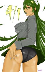 Rule 34 | 1girl, 2021, clothes lift, dark-skinned female, dark skin, dated, from behind, fukua (skullgirls), green eyes, green hair, green lips, hand on own ass, hand on own thigh, highres, looking at viewer, looking back, necktie, panties, pharaoh13, pleated skirt, school uniform, skirt, skirt lift, skullgirls, smile, solo, underwear