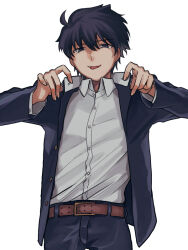 Rule 34 | 1boy, :p, belt, black eyes, black hair, collared shirt, commentary, english commentary, gakuran, jacket, looking at viewer, male focus, melty blood, metarogu, nanaya shiki, open clothes, open jacket, school uniform, shirt, simple background, smile, solo, tongue, tongue out, tsukihime, upper body, white background