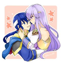 Rule 34 | 1boy, 1girl, bare shoulders, blue cape, blue eyes, breasts, cape, circlet, fire emblem, fire emblem: genealogy of the holy war, headband, holding, hug, implied incest, jewelry, julia (fire emblem), long hair, looking at another, medium breasts, nintendo, open mouth, ponytail, purple eyes, purple hair, seliph (fire emblem), simple background, smile, white headband, yukia (firstaid0)