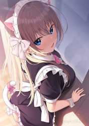 Rule 34 | 1girl, animal ears, apron, back bow, black dress, blue eyes, blush, bow, breast rest, breasts, brown hair, cat ears, cat tail, commentary request, dress, fake animal ears, from above, hair between eyes, large breasts, long hair, looking at viewer, looking back, maid, maid apron, maid headdress, nekokobushi, open mouth, original, panties, short sleeves, smile, solo, tail, thighhighs, underwear, wrist cuffs