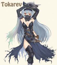 Rule 34 | 1girl, armor, armpits, arms up, beige background, belt, belt pouch, blue bow, blue dress, blue hair, boots, bow, breasts, character name, cleavage, closed mouth, contrapposto, dagger, dress, elbow gloves, filigree, gauntlets, girls&#039; frontline, gloves, gun, hair bow, hairband, handgun, highres, hip focus, knee boots, knife, labyrinth of the dark, lace-trimmed hairband, lace trim, long hair, looking at viewer, mouth veil, no panties, numazume, pouch, red eyes, sheath, simple background, solo, thighhighs, tokarev (girls&#039; frontline), tokarev (griffin&#039;s dancer) (girls&#039; frontline), torn clothes, torn dress, torn veil, trigger discipline, vambraces, veil, very long hair, weapon