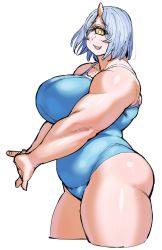 Rule 34 | 1girl, bare shoulders, belly, blue hair, blue one-piece swimsuit, breasts, cyclops, elf-san wa yaserarenai., fangs, highres, hitome (elf-san wa yaserarenai.), horns, huge breasts, looking at viewer, muscular, muscular female, one-eyed, one-piece swimsuit, short hair, simple background, single horn, smile, solo, swimsuit, synecdoche, thick arms, thick thighs, thighs, white background, yellow eyes