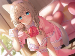 Rule 34 | 1girl, animal ears, aqua eyes, bell, bra, braid, breasts, brown hair, cat ears, cat girl, cat tail, cleavage, closed mouth, clothes lift, collared dress, couch, dress, dress lift, dutch angle, frilled bra, frilled dress, frilled sleeves, frills, hair bell, hair ornament, heart, heart-shaped pillow, highres, indoors, kneeling, large breasts, looking at viewer, maid headdress, medium hair, navy (navy.blue), non-web source, original, paw pose, pillow, pink bra, pink dress, pink neckwear, short sleeves, smile, solo, sunlight, tail, thigh strap, twin braids, twintails, underwear, window, wrist cuffs
