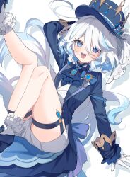 Rule 34 | 1girl, absurdres, ascot, black ascot, black gloves, blue ascot, blue eyes, blue hair, blue hat, blue jacket, furina (genshin impact), genshin impact, gloves, gradient hair, hair between eyes, hat, heterochromia, highres, jacket, light blue hair, long hair, long sleeves, looking at viewer, mochizuki mochi, multicolored hair, open mouth, shorts, simple background, smile, solo, top hat, white background, white gloves, white hair, white shorts