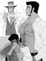 Rule 34 | 1boy, abs, bara, belt, between pecs, between pectorals, black hair, blush, cigarette, coat, collared shirt, cup ramen, eating, fellatio, food, greyscale, hairy, highres, jacket, kon likes corn, large pectorals, long sideburns, lupin iii, male focus, manly, mature male, monochrome, muscular, muscular male, nipples, nissin cup noodle, noodles, open clothes, open jacket, open shirt, oral, pants, pecjob, pectorals, ramen, shirt, short hair, sideburns, simple background, smoke, smoking, white background, yaoi, zenigata kouichi
