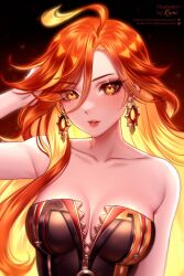 1girl absurdres ahoge bare_shoulders breasts cleavage collarbone depressrami earrings genshin_impact hair_between_eyes highres jewelry large_breasts looking_at_viewer mavuika_(genshin_impact) orange_eyes orange_hair parted_lips shirt solo strapless strapless_shirt upper_body