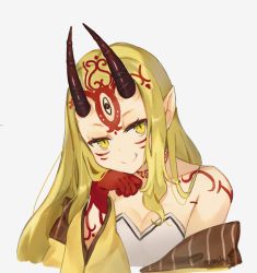 Rule 34 | 1girl, artist name, bare shoulders, blonde hair, breasts, closed mouth, collarbone, facial mark, fang, fate/grand order, fate (series), grey background, head tilt, horns, ibaraki douji (fate), japanese clothes, kimono, long hair, looking at viewer, mochii, off shoulder, oni, oni horns, simple background, small breasts, smile, smug, solo, tattoo, very long hair, yellow eyes, yellow kimono