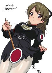 Rule 34 | 1girl, absurdres, artist logo, belt, black belt, black dress, black ribbon, brown eyes, brown hair, closed mouth, clothes lift, commentary, dress, dress lift, dutch angle, emblem, girls und panzer, hair ribbon, highres, holding, holding sign, judge, lifted by self, long sleeves, medallion, medium hair, one-hour drawing challenge, pantyhose, ponytail, ribbon, shiina excel, short dress, sign, smile, solo, takashima remi, twitter username, uniform, white pantyhose, wing collar
