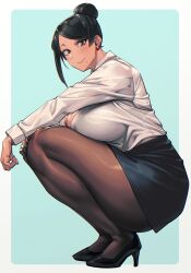 Rule 34 | 1girl, arm on knee, bijin onna joushi takizawa-san, black footwear, black hair, black pantyhose, black skirt, breasts, brown eyes, cleavage, collared shirt, dress shirt, earrings, hair bun, hand on own knee, high heels, highres, jewelry, large breasts, looking at viewer, mikel (4hands), miniskirt, mole, mole under mouth, office lady, pantyhose, parted bangs, shirt, short hair, simple background, skirt, smile, solo, squatting, takizawa kyouko, white shirt