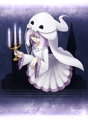Rule 34 | 1girl, bad id, bad pixiv id, candle, dress, ghost, grin, hair over eyes, mtyy, original, purple hair, smile, solo