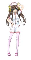 Rule 34 | 10s, 1girl, black pantyhose, brown hair, eyebrows, female focus, full body, green eyes, hair ribbon, hand on own hip, hat, highres, huang lingyin, infinite stratos, long hair, looking at viewer, medical scrubs, nurse, nurse cap, pantyhose, pink footwear, pink pantyhose, ribbon, shoes, smile, solo, transparent background, twintails, v, wide strap sandals, yellow ribbon