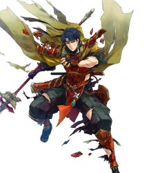Rule 34 | 1boy, armor, black gloves, black hair, cape, cuts, damaged, fingerless gloves, fire emblem, fire emblem: radiant dawn, fire emblem heroes, gloves, headband, highres, holding, holding polearm, holding weapon, injury, japanese armor, japanese clothes, nintendo, non-web source, official alternate costume, official art, pelvic curtain, polearm, short hair, shoulder armor, solo, torn cape, torn clothes, v-shaped eyebrows, weapon, yellow cape, zelgius (fire emblem), zelgius (ninja) (fire emblem)