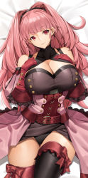 Rule 34 | 1girl, bed sheet, black panties, bow, breasts, cleavage, closed mouth, dakimakura (medium), fire emblem, fire emblem: three houses, hand on own chest, highres, hilda valentine goneril, huge breasts, looking at viewer, nintendo, panties, pink eyes, pink hair, raised eyebrows, red bow, smile, solo, bow legwear, thighhighs, thighs, tony guisado, underwear