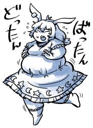 Rule 34 | 1girl, animal ears, big belly, breasts, commentary, dress, earrings, fat, jewelry, long hair, low twintails, medium breasts, messy hair, monochrome, nazotyu, obese, rabbit ears, seiran (touhou), single earring, sketch, socks, solo, touhou, twintails, weight gain