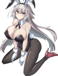 Rule 34 | 1girl, ahoge, animal ears, bare shoulders, black pantyhose, blush, breasts, cleavage, detached collar, fake animal ears, fate/grand order, fate (series), gippo, gloves, high heels, highres, jeanne d&#039;arc (fate), jeanne d&#039;arc alter (avenger) (fate), jeanne d&#039;arc alter (fate), large breasts, leotard, long hair, looking at viewer, pantyhose, playboy bunny, rabbit ears, rabbit girl, rabbit tail, silver hair, simple background, sitting, solo, tail, wariza, white background, wrist cuffs, yellow eyes