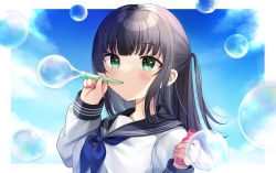 Rule 34 | 1girl, bad id, bad pixiv id, black hair, black sailor collar, blue neckerchief, blue sky, blush, breasts, blowing bubbles, bubble wand, cloud, commentary request, day, green eyes, hands up, highres, holding, long hair, long sleeves, medium breasts, minami saki, neckerchief, original, ponytail, puffy long sleeves, puffy sleeves, sailor collar, school uniform, serafuku, shirt, sky, sleeves past wrists, soap bubbles, solo, upper body, white shirt