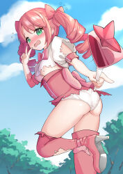 Rule 34 | 1girl, absurdres, ass, back bow, blue sky, boots, bow, breasts, cloud, cloudy sky, crotch seam, day, drill hair, foreshortening, from side, frown, gloves, green eyes, hair bow, hanabishi haruka, high-waist skirt, high heel boots, high heels, highres, holding, holding wand, leg up, looking at viewer, looking back, magia magenta, magical girl, mahou shoujo ni akogarete, medium hair, open mouth, outdoors, panties, pink bow, pink footwear, pink gloves, pink hair, pink skirt, puffy short sleeves, puffy sleeves, shirt, short sleeves, single glove, skirt, sky, small breasts, solo, standing, standing on one leg, tearing up, thigh boots, torn boots, torn clothes, torn gloves, torn shirt, torn skirt, twin drills, underwear, v, wand, wedgie, white panties, white shirt, yuetsu