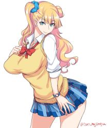 Rule 34 | 10s, 1girl, blonde hair, blue eyes, breasts, earrings, galko, hair bun, hair ornament, hair scrunchie, huge breasts, isao, jewelry, leaning forward, long hair, looking at viewer, oshiete! galko-chan, pleated skirt, school uniform, scrunchie, side ponytail, simple background, single hair bun, skirt, sleeves rolled up, smile, solo, standing, sweater vest, twitter username, watch, white background, wristwatch