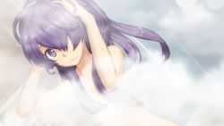 Rule 34 | 1girl, ar tonelico, ar tonelico iii, bathing, closed mouth, cocona vatel, dutch angle, game cg, hair censor, hair over one eye, hands in hair, long hair, looking at viewer, nagi ryou, nude, official art, purple eyes, purple hair, solo, spoilers, steam, wavy mouth