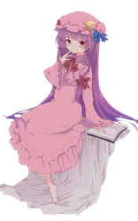 Rule 34 | 1girl, aoi (annbi), blue bow, blue ribbon, book, bow, capelet, crescent, crescent hair ornament, dress, frilled dress, frilled sleeves, frills, hair ornament, hair ribbon, hat, hat ribbon, highres, long hair, long sleeves, looking at viewer, mob cap, patchouli knowledge, pink dress, purple eyes, purple hair, red bow, red ribbon, ribbon, sitting, solo, touhou, very long hair, wide sleeves
