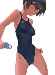 Rule 34 | 1girl, black eyes, black hair, breasts, closed mouth, commentary, competition swimsuit, covered erect nipples, dark skin, highleg, highres, kuronami (lvi), looking at viewer, lvi, medium breasts, one-piece swimsuit, one-piece tan, original, revision, short hair, smile, solo, speedo (company), standing, swimsuit, tan, tanline
