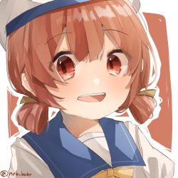 Rule 34 | 1girl, blue sailor collar, blush, dress, hair ribbon, hair rings, hat, highres, kaiboukan no. 4 (kancolle), kantai collection, low twintails, nonko (nnk knkr), one-hour drawing challenge, portrait, red eyes, red hair, ribbon, sailor collar, sailor dress, short hair, simple background, solo, twintails, twitter username, two-tone background, white dress, white hat, yellow ribbon