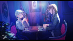 Rule 34 | 1boy, 1girl, black jacket, black pants, blue eyes, blue skirt, blurry, breasts, brown hair, chair, commentary request, cowboy shot, cup, curtains, elbows on table, from side, glasses, grey hair, grey shirt, hair bun, hands up, high collar, highres, indoors, interlocked fingers, jacket, kururi, letterboxed, long sleeves, looking at another, open mouth, original, own hands together, pants, plant, purple eyes, scrunchie, shirt, sidelocks, single hair bun, sitting, skirt, small breasts, steam, table, teacup