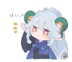 Rule 34 | 1girl, arm up, beni shake, black dress, blue scarf, blush, braid, closed mouth, commentary request, cropped torso, dress, fate/grand order, fate (series), grey hair, hair between eyes, larva tiamat (fate), long hair, long sleeves, notice lines, pointy ears, red eyes, scarf, signature, simple background, smile, solo, symbol-shaped pupils, tiamat (fate), translation request, upper body, v-shaped eyebrows, very long hair, white background, wide sleeves