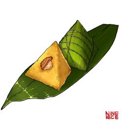 Rule 34 | absurdres, artist name, bamboo, bamboo leaf, commentary request, food, food focus, fried rice, highres, jiumudao, no humans, realistic, simple background, string, taro (food), text focus, white background, zongzi
