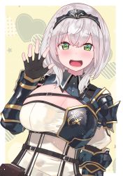 Rule 34 | 1girl, :d, absurdres, ahoge, armor, belt pouch, black gloves, blue shirt, blush, braid, breasts, commentary, fingerless gloves, gloves, green eyes, hair between eyes, heart, highres, hololive, large breasts, looking at viewer, mole, mole on breast, open mouth, pouch, shirogane noel, shirogane noel (1st costume), shirt, short hair, shoulder armor, silver hair, smile, solo, strap, tiara, tonarikeru, two-tone shirt, upper body, vambraces, virtual youtuber, waving, white shirt, wing collar, yellow background