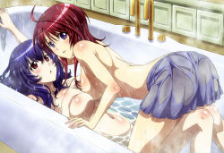 Rule 34 | 2girls, :d, :o, absurdres, ahoge, all fours, arched back, ass, asymmetrical docking, back, bath, bathing, bathtub, between breasts, blue hair, blush, body blush, breast press, breasts, censored, convenient censoring, covering breasts, covering privates, embarrassed, faucet, hair between eyes, highres, indoors, itadaki shinji, large breasts, long hair, looking at viewer, looking back, lying, miniskirt, multiple girls, navel, nude, nyantype, official art, on back, open mouth, oribe mafuyu, panties, partially submerged, pleated skirt, profile, purple eyes, red eyes, red hair, same-sex bathing, scan, see-through, seikon no qwaser, shared bathing, short hair, sidelocks, skirt, smile, steam, straddling, surprised, symmetrical docking, topless, underwear, wavy hair, wet, wet clothes, wet hair, white panties, yamanobe tomo, yuri