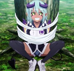 Rule 34 | 10s, 1girl, bound, dark skin, dark-skinned female, female focus, highres, lilith (monster musume), monster girl, monster musume no iru nichijou, shorts, silk, sitting, smile, solo, spider web, stitched, third-party edit, tied up