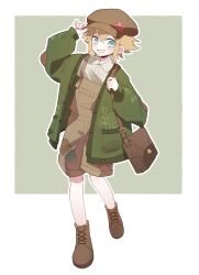 1boy :d absurdres adjusting_clothes adjusting_headwear ankle_boots bag basil_(faraway)_(omori) basil_(omori) blonde_hair blue_eyes blush boots border brown_bag brown_boots brown_hat brown_overalls buttons cabbie_hat cardigan collared_shirt cross-laced_footwear crossed_bangs double-parted_bangs floral_print full_body green_background green_cardigan grey_shirt grin hair_between_eyes hat highres lace-up_boots long_sleeves looking_at_viewer male_focus mqd0rl official_alternate_costume omori open_cardigan open_clothes open_mouth outline outside_border overalls pocket puffy_long_sleeves puffy_sleeves shirt short_hair shoulder_bag sidelocks simple_background smile solo standing standing_on_one_leg white_border white_outline