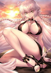 Rule 34 | 1girl, ahoge, bikini, black bikini, braid, breasts, closed mouth, fate/grand order, fate (series), heroic spirit festival outfit, high heels, highres, jeanne d&#039;arc (fate), jeanne d&#039;arc alter (fate), jeanne d&#039;arc alter (festival outfit) (fate), jewelry, large breasts, legs, long hair, looking at viewer, nasaniliu, navel, necklace, official alternate costume, sarong, silver hair, solo, swimsuit, thighs, yellow eyes