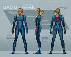 Rule 34 | 1girl, blonde hair, blue jumpsuit, braid, character sheet, english text, feather hair ornament, feathers, hair ornament, jumpsuit, looking at viewer, looking to the side, max kay, metroid, muscular, muscular female, nintendo, ponytail, samus aran, signature, tall female, twin braids, zero suit