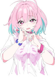 Rule 34 | 1girl, antenna hair, aqua hair, collar, commentary, earrings, fingernails, hair intakes, idolmaster, ixy, jewelry, looking at viewer, multicolored hair, open mouth, pill earrings, pink collar, pink hair, shirt, short hair, simple background, solo, t-shirt, tears, two-tone hair, white background, white shirt, yumemi riamu