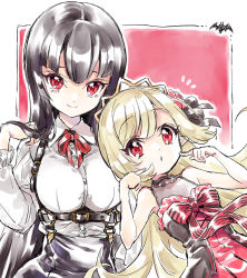 Rule 34 | 2girls, atre, bare shoulders, black hair, blonde hair, blush, breasts, closed mouth, dress, ecute, flower, gothic lolita, hair flower, hair ornament, jashin-chan dropkick, large breasts, lolita fashion, long hair, looking at viewer, multiple girls, official art, open mouth, red dress, red eyes, small breasts, smile, upper body, yukiwo
